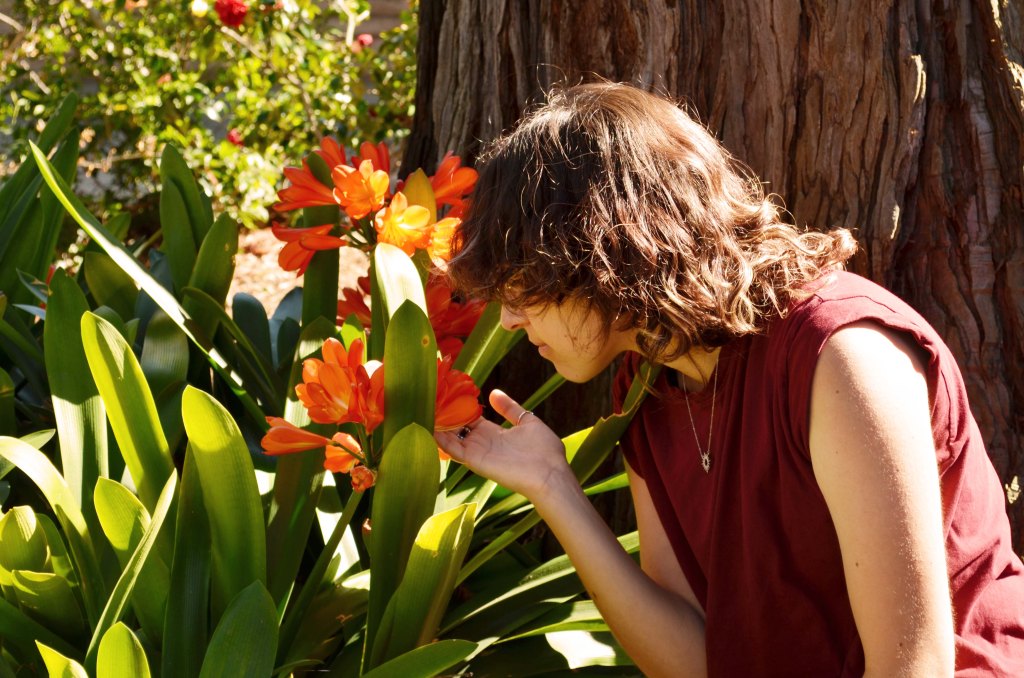 Current image: Rose, with medium-length brown hair, glasses, and a red shirt, holds an orange flower next to the trunk of a redwood tree.